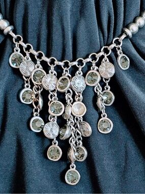 Silver Tone Fringe Statement Necklace Gray Crystal Bib Chunky Boho